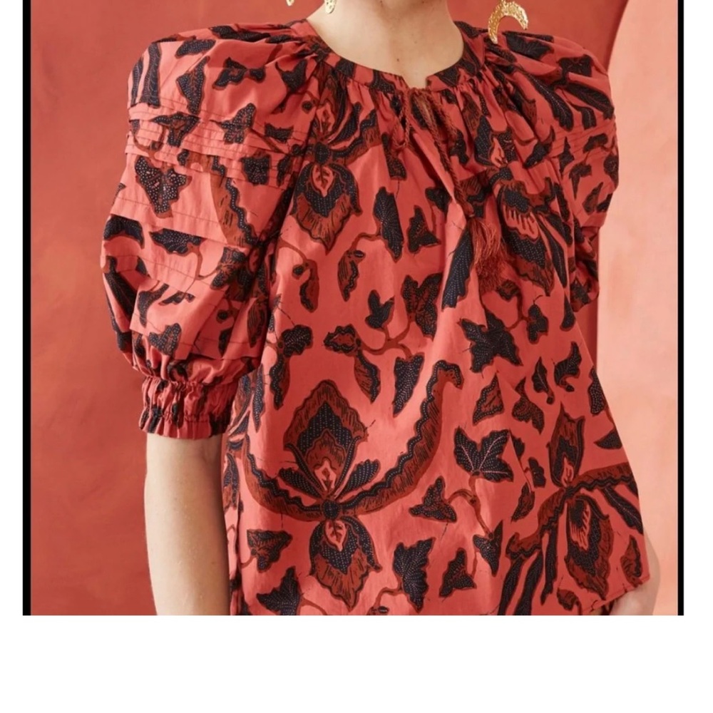 Ulla Johnson Coral Puff-Sleeve Printed Blouse with Black Motif